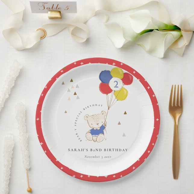 Cute Aqua Blue Bear Balloon Any Age Birthday Paper Plates (Wedding)