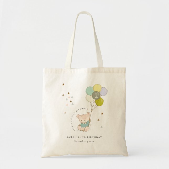 Cute Aqua Blue Bear Balloon Any Age Birthday Tote Bag (Front)