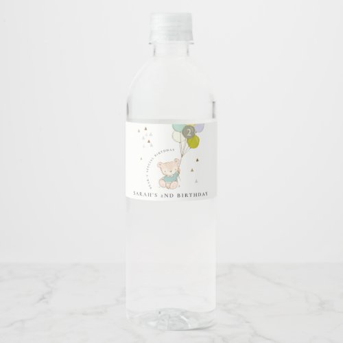 Cute Aqua Blue Bear Balloon Any Age Birthday Water Bottle Label