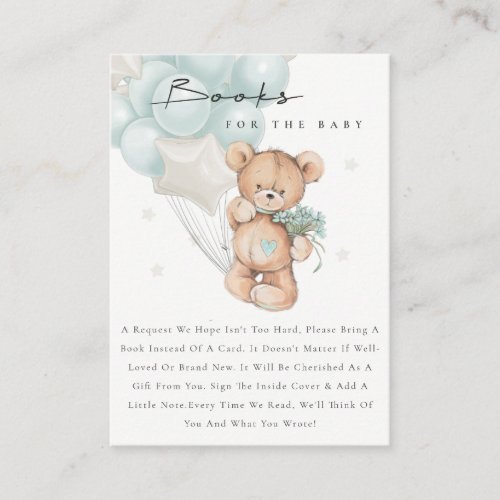 Cute Aqua Blue Bear Balloon Books For Baby Shower Enclosure Card