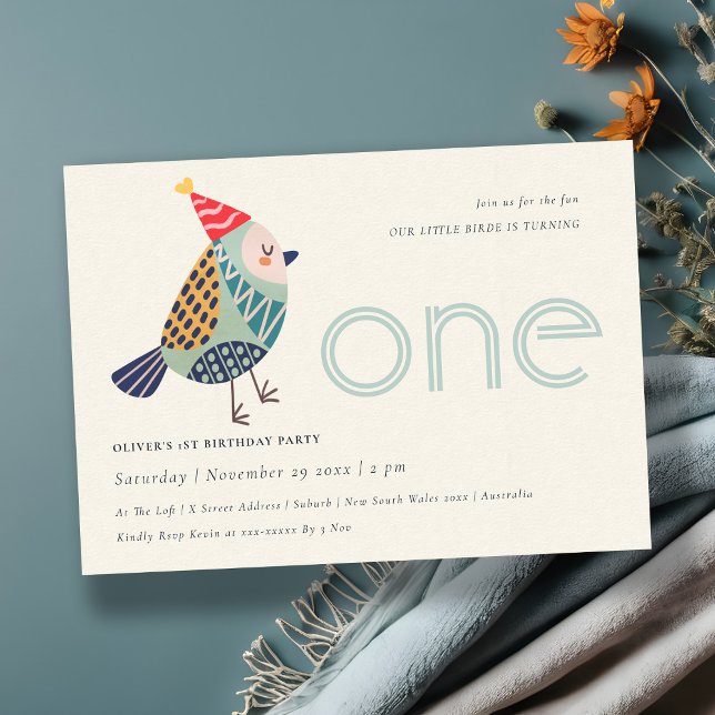Cute Aqua Blue Birdie Any Age 1st Birthday Invite (Creator Uploaded)