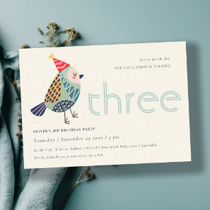 Cute Aqua Blue Birdie Any Age 3rd Birthday Invite