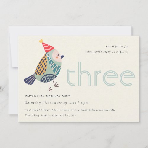 Cute Aqua Blue Birdie Any Age 3rd Birthday Invite