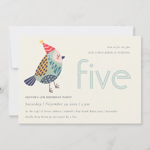 Cute Aqua Blue Birdie Any Age 5th Birthday Invite