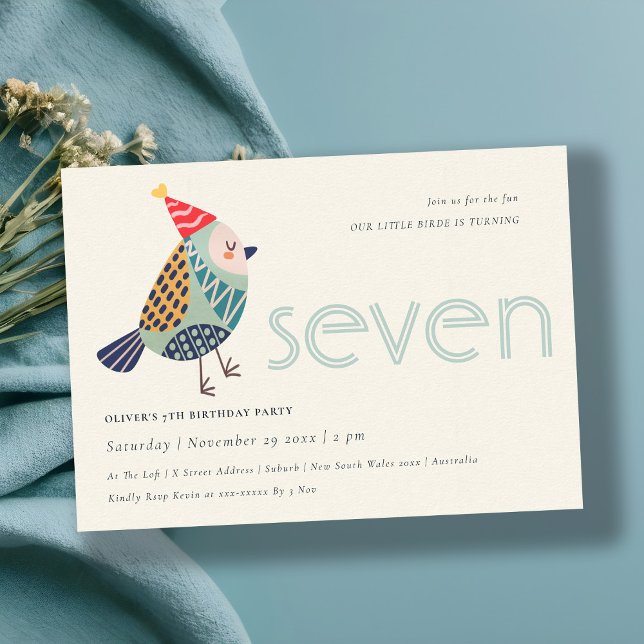 Cute Aqua Blue Birdie Any Age 7th Birthday Invite (Creator Uploaded)