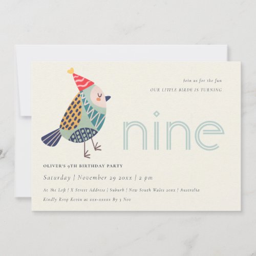 Cute Aqua Blue Birdie Any Age 9th Birthday Invite