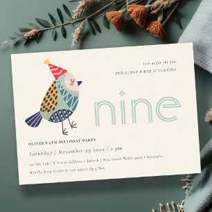 Cute Aqua Blue Birdie Any Age 9th Birthday Invite
