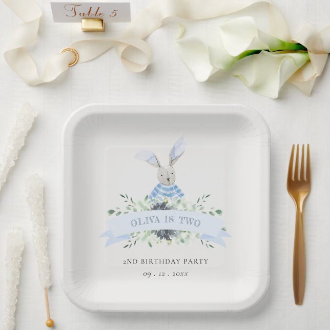 Cute Aqua Blue Bunny Foliage Any Age Birthday Paper Plates (Wedding)
