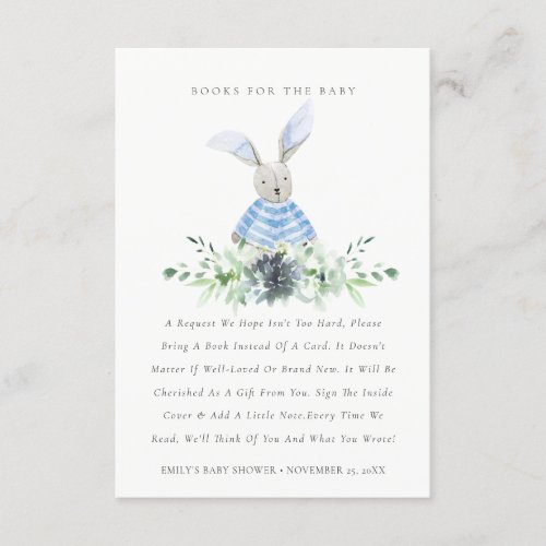 Cute Aqua Blue Bunny Foliage Books For Baby Shower Enclosure Card