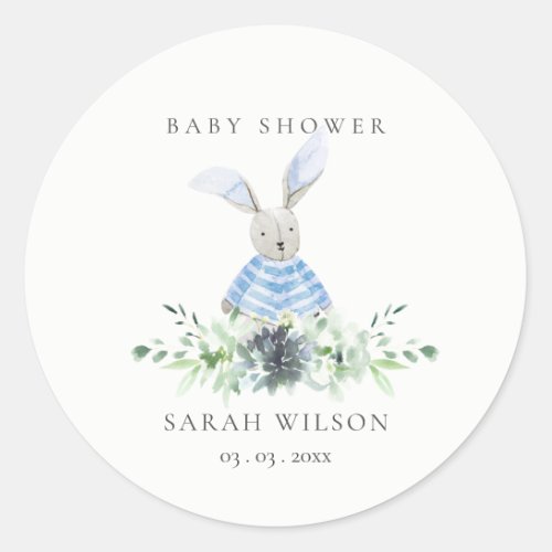 Cute Aqua Blue Bunny Garden Foliage Baby Shower Classic Round Sticker