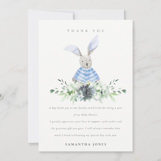 Cute Aqua Blue Bunny Garden Foliage Baby Shower Thank You Card (Front)