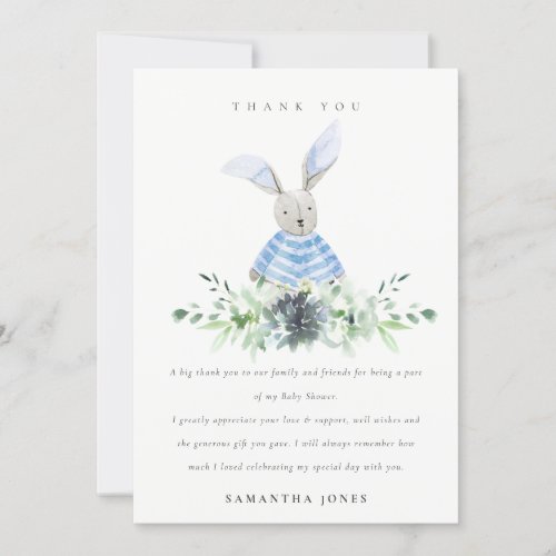 Cute Aqua Blue Bunny Garden Foliage Baby Shower Thank You Card