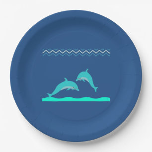 Cute Aqua Blue Dolphin Water Baby Shower Paper Plates