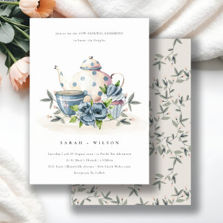 Cute Aqua Blue Flora Teapot Cup Vow Renewal Invite