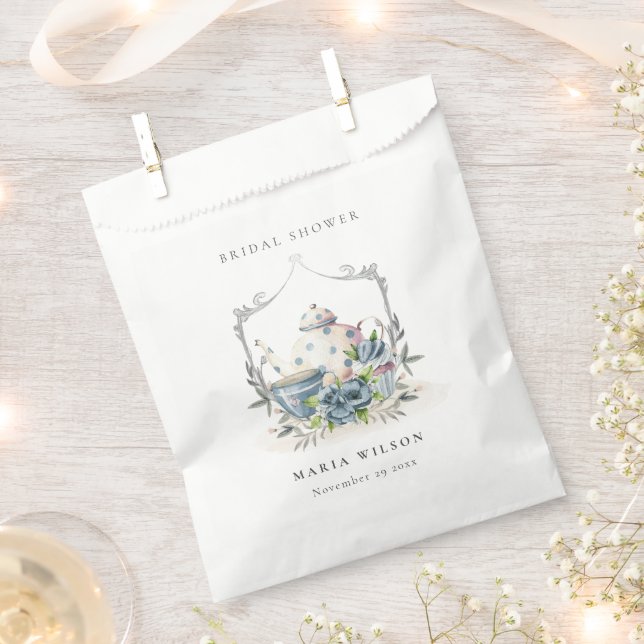 Cute Aqua Blue Floral Teapot Crest Bridal Shower Favor Bag (Clipped)