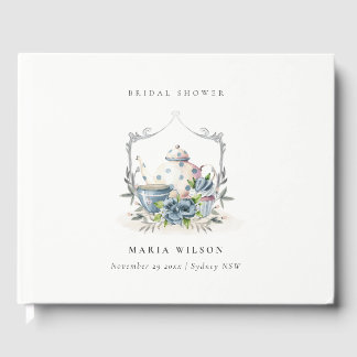 Cute Aqua Blue Floral Teapot Crest Bridal Shower Guest Book