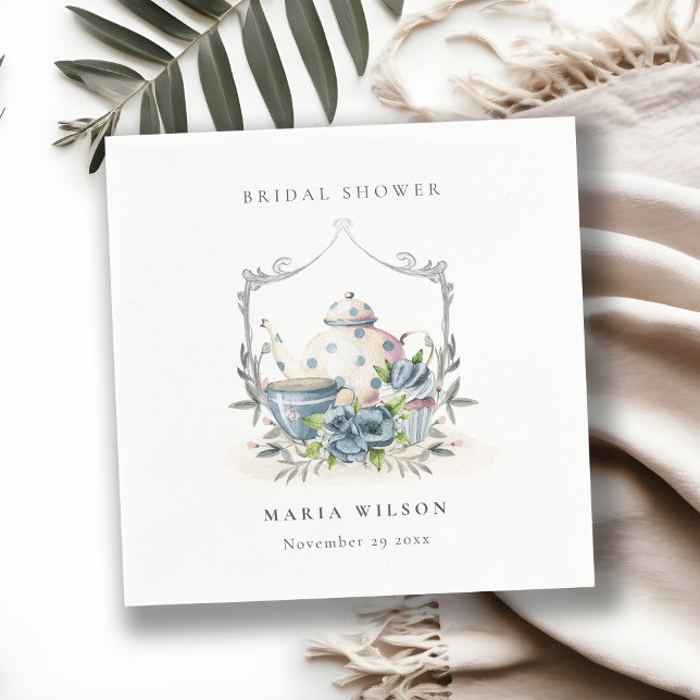 Cute Aqua Blue Floral Teapot Crest Bridal Shower Napkins (Creator Uploaded)