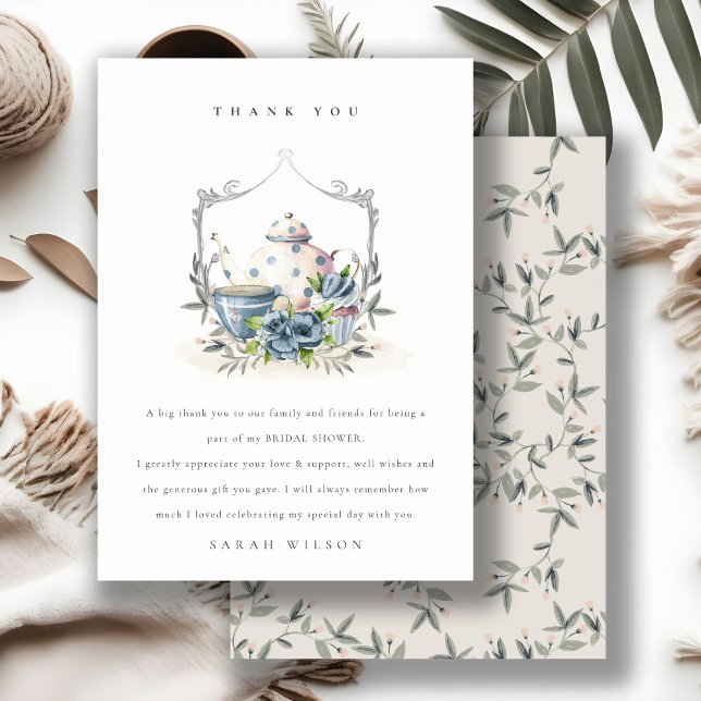 Cute Aqua Blue Floral Teapot Crest Bridal Shower Thank You Card (Creator Uploaded)
