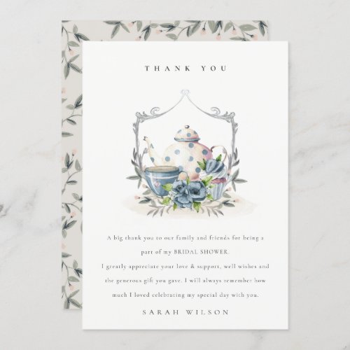 Cute Aqua Blue Floral Teapot Crest Bridal Shower Thank You Card