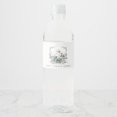  Cute Aqua Blue Floral Teapot Crest Bridal Shower Water Bottle Label