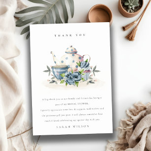 Cute Aqua Blue Floral Teapot Crups Bridal Shower Thank You Card