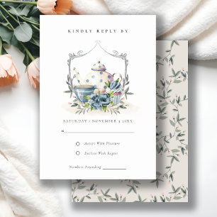 Cute Aqua Blue floral Teapot Cup Crest Wedding RSVP Card