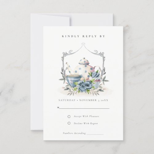 Cute Aqua Blue floral Teapot Cup Crest Wedding RSVP Card