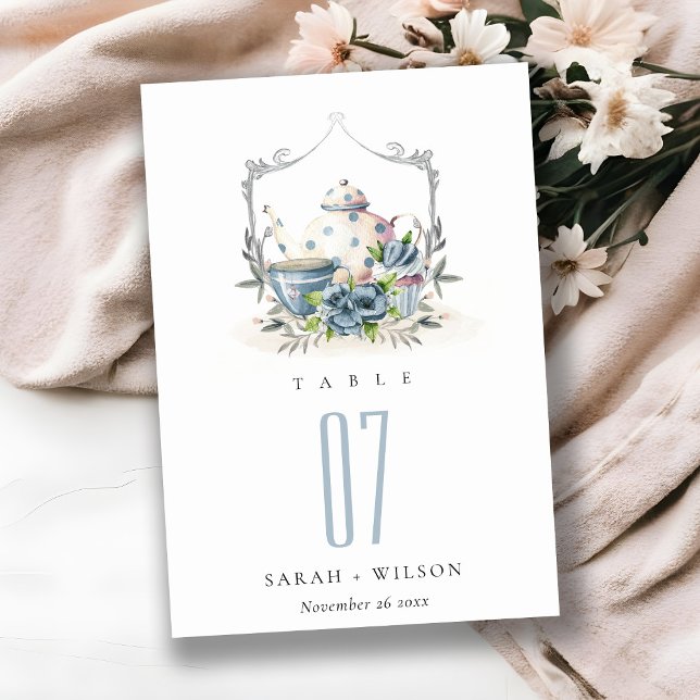 Cute Aqua Blue floral Teapot Cup Crest Wedding Table Number (Creator Uploaded)