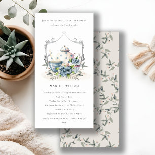 Cute Aqua Blue Floral Teapot Cup Engagement Invite
