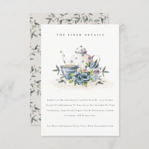 Cute Aqua Blue Floral Teapot Cup Wedding Details Enclosure Card