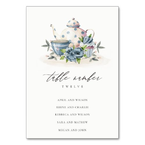 Cute Aqua Blue Floral Teapot Cup Wedding Seating Table Number