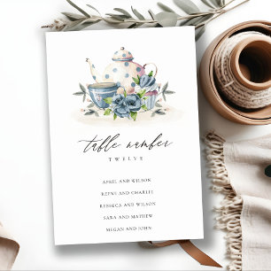 Cute Aqua Blue Floral Teapot Cup Wedding Seating Table Number