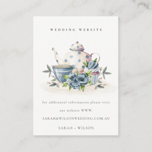 Cute Aqua Blue Floral Teapot Cup Wedding Website Enclosure Card