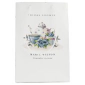 Cute Aqua Blue Floral Teapot Cups Bridal Shower Medium Gift Bag (Front)