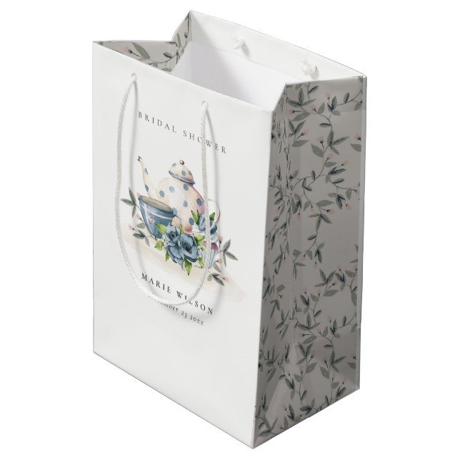 Cute Aqua Blue Floral Teapot Cups Bridal Shower Medium Gift Bag (Back Angled)