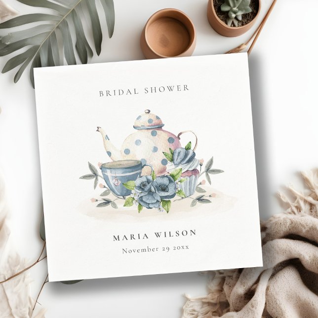 Cute Aqua Blue Floral Teapot Cups Bridal Shower Napkins (Creator Uploaded)