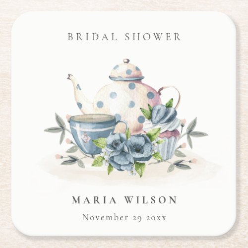Cute Aqua Blue Floral Teapot Cups Bridal Shower Square Paper Coaster