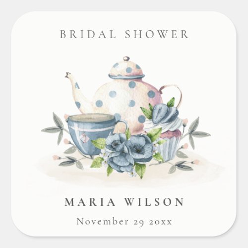 Cute Aqua Blue Floral Teapot Cups Bridal Shower Square Sticker