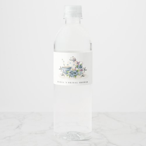  Cute Aqua Blue Floral Teapot Cups Bridal Shower Water Bottle Label