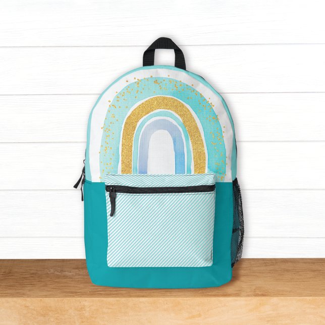 Cute Aqua Blue Gold Glitter Rainbow w/ Name Kids Printed Backpack (Creator Uploaded)