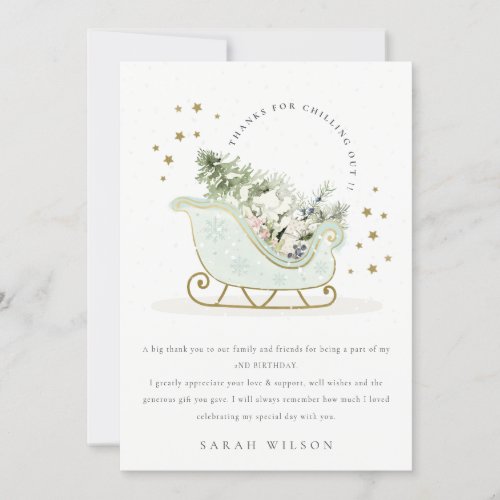 Cute Aqua Blue Gold Winter Sleigh Any Age Birthday Thank You Card