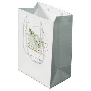 Cute Aqua Blue Gold Winter Sleigh Baby Shower Medium Gift Bag