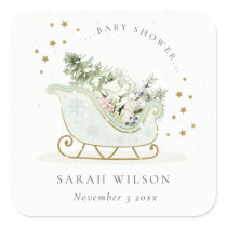 Cute Aqua Blue Gold Winter Sleigh Baby Shower Square Sticker