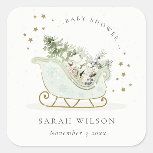 Cute Aqua Blue Gold Winter Sleigh Baby Shower Square Sticker