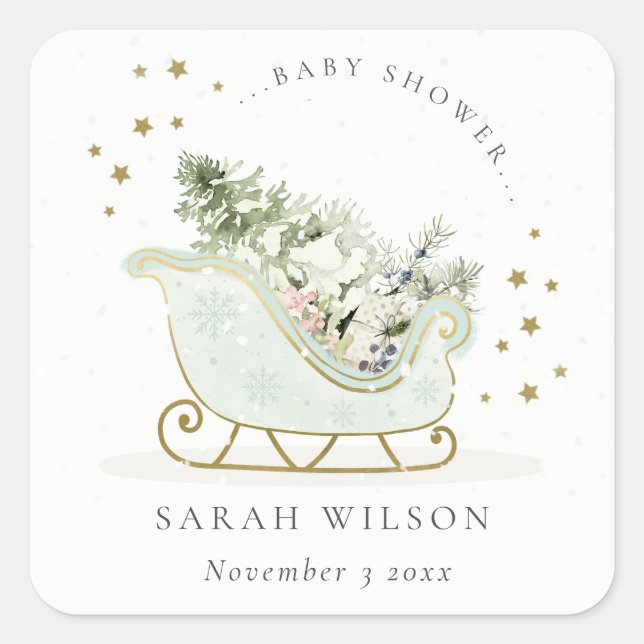 Cute Aqua Blue Gold Winter Sleigh Baby Shower Square Sticker (Front)
