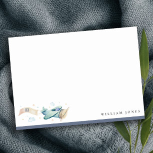 Cute Aqua Blue Green Biplane Cloud Heart Birthday Note Card