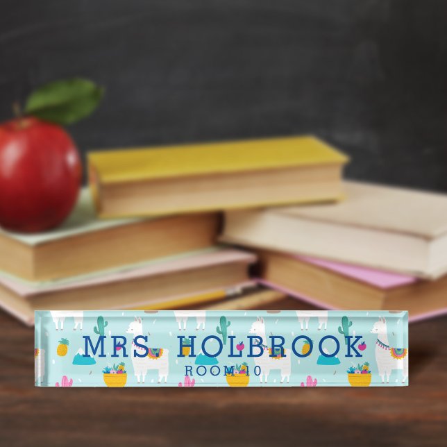 Cute Aqua Blue Llama Pattern Teacher's Desk Name Plate (Creator Uploaded)