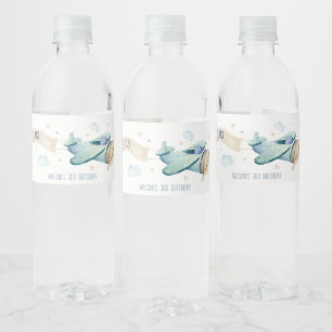 Cute Aqua Blue Plane Cloud Heart Kids Birthday Water Bottle Label