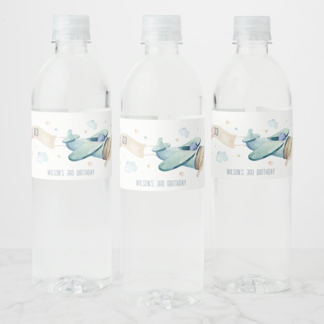Cute Aqua Blue Plane Cloud Heart Kids Birthday Water Bottle Label (Bottles)