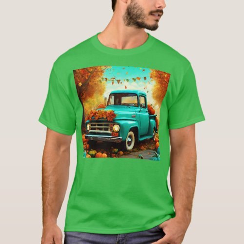 Cute Aqua Blue Vintage Little Pickup Truck Happy F T_Shirt